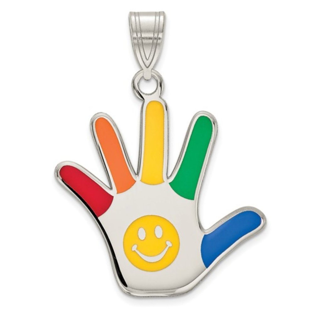 925 Sterling Silver Autism Handprint Pendant, enameled w/ Happy Face